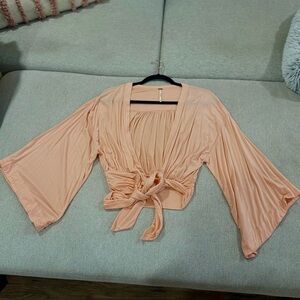 Free People Peach Tie-Front Bell Sleeve Blouse